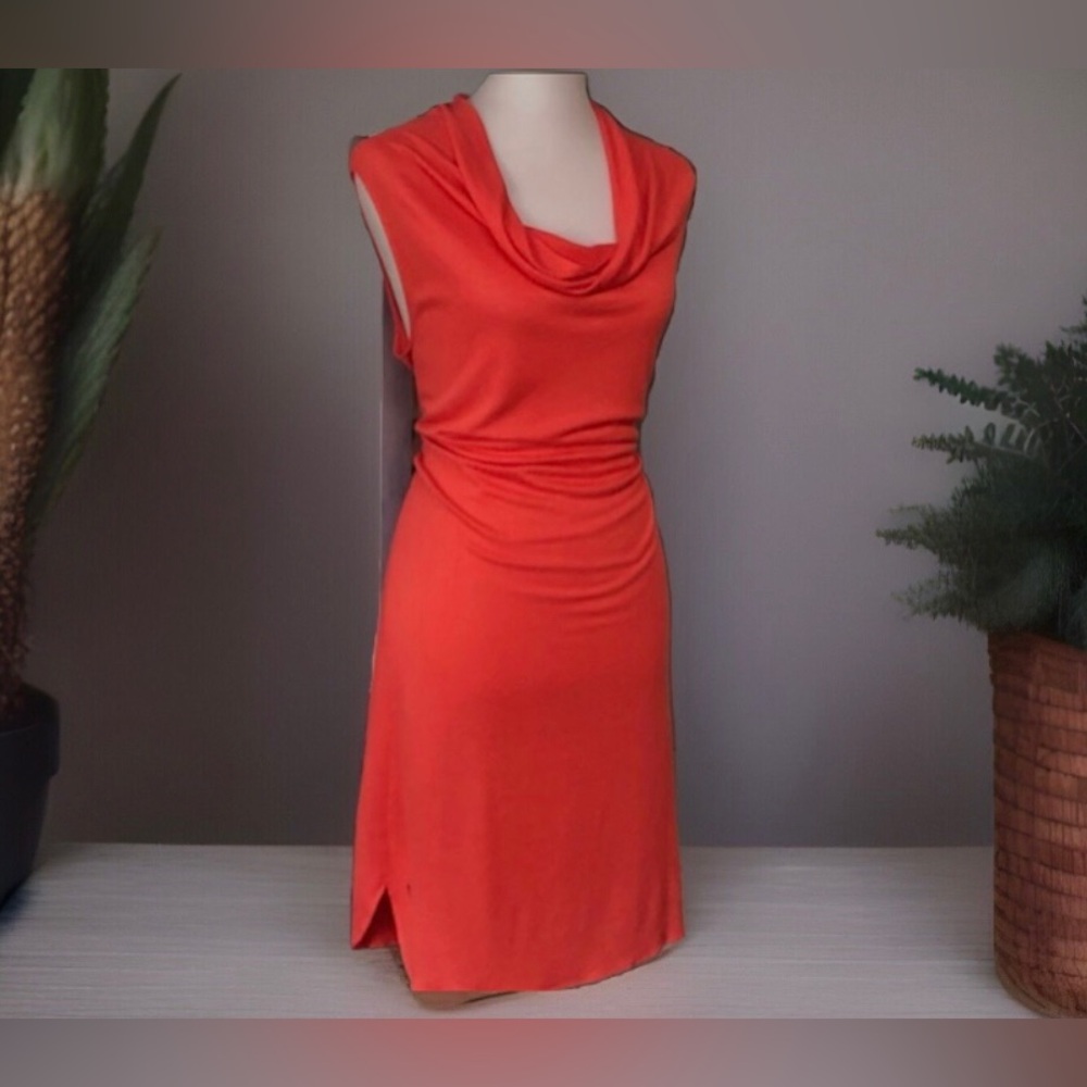Lacoste sleeveless draped cowl neck linen dress in goyave. Re $155 Sz 38